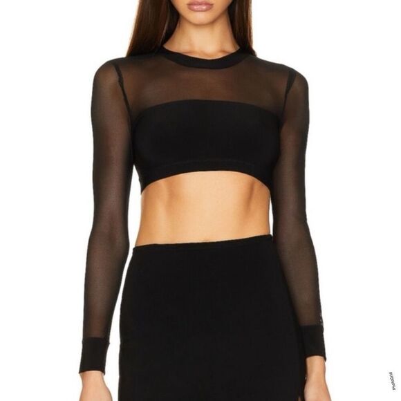 Norma Kamali Black Mesh Long Sleeve Jersey Crop Top Medium - Picture 1 of 6